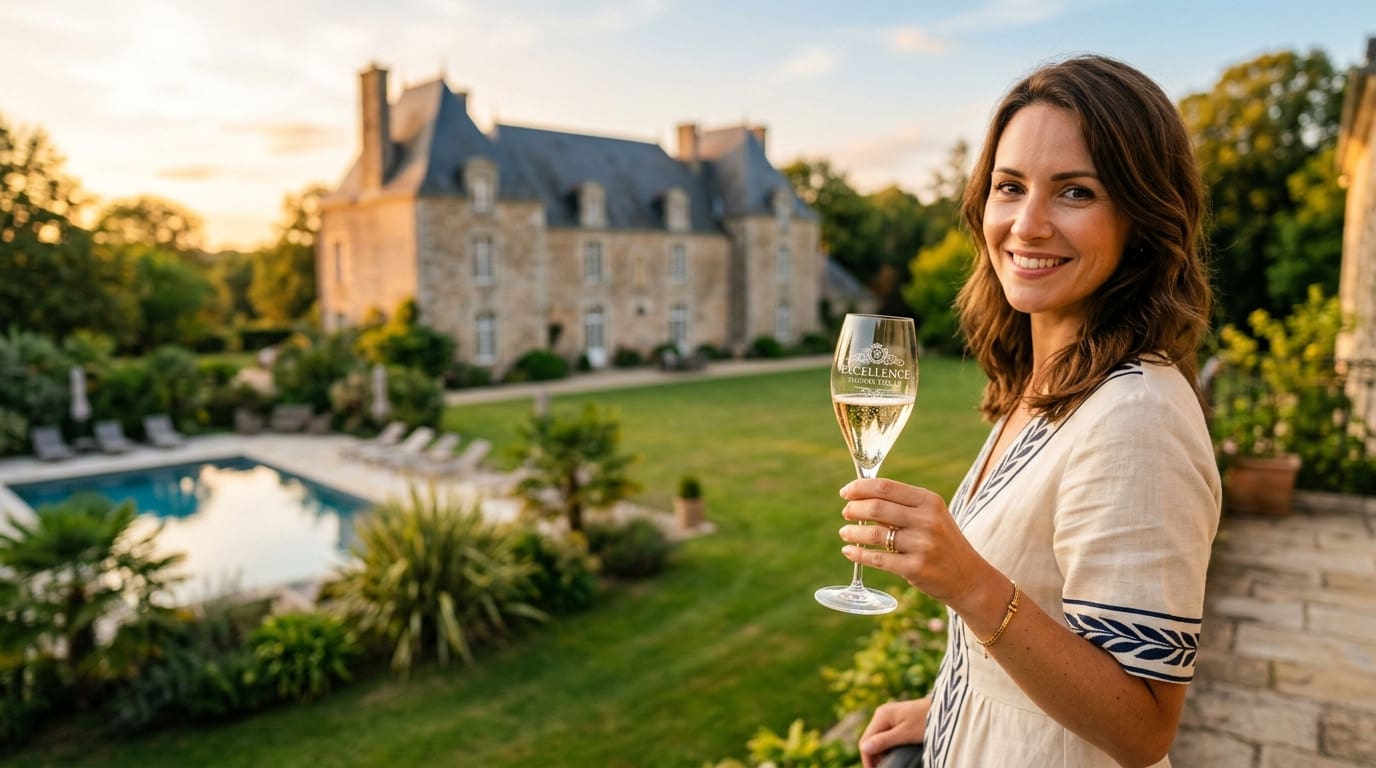 Excellence Luxury Villas — woman holding champagne glass at château with private pool, Brittany France