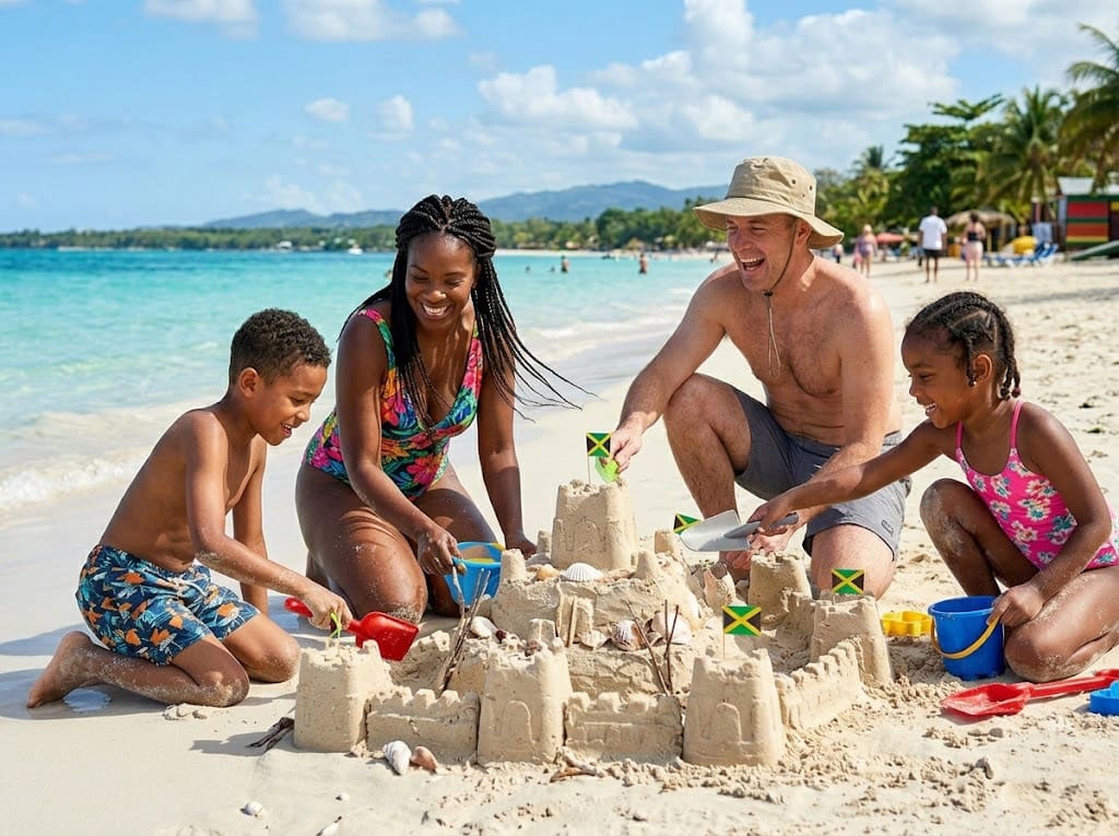 Family building a sandcastle on a beach in Jamaica — Excellence Luxury Villas Caribbean villa rentals
