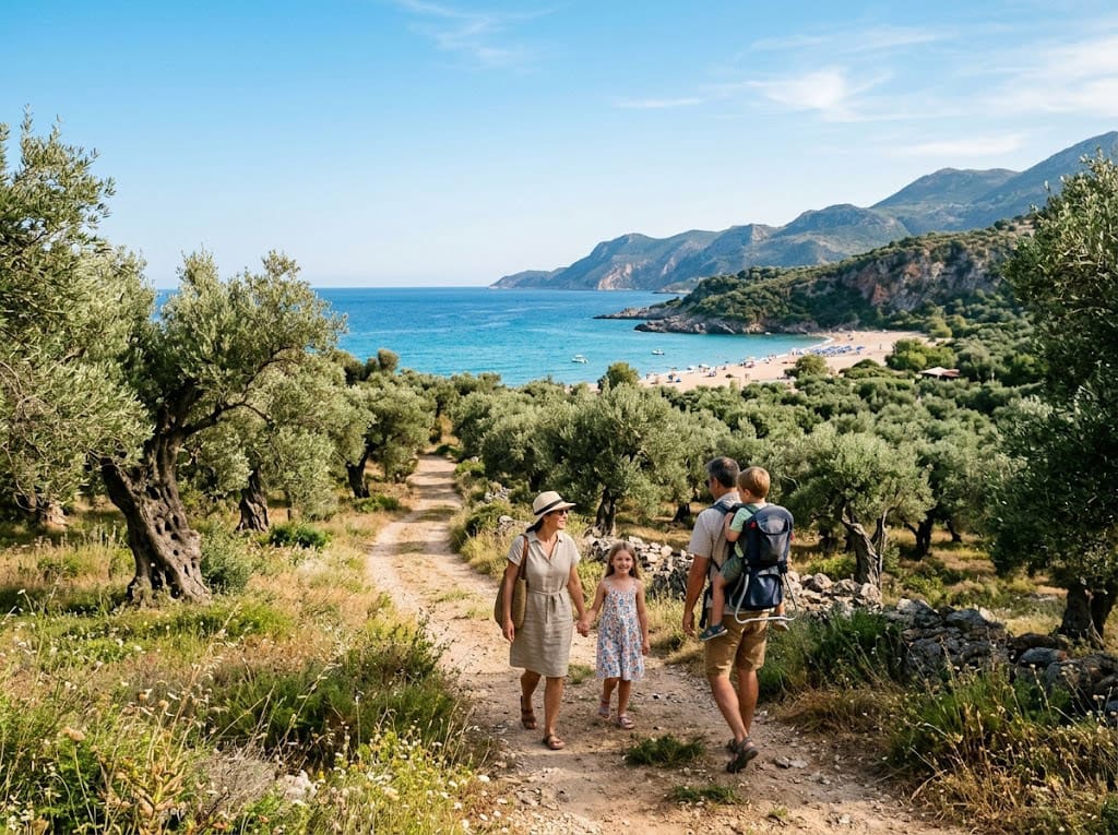Family walking down to a beach in Greece — luxury villa holiday with Excellence Luxury Villas