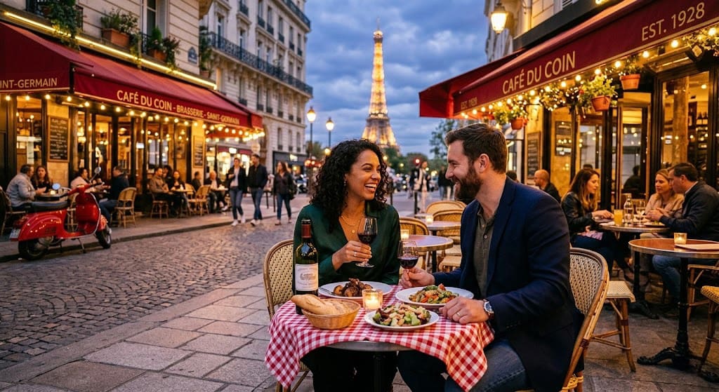 Romantic couple dining in Paris — luxury villa and travel concierge Excellence Luxury Villas